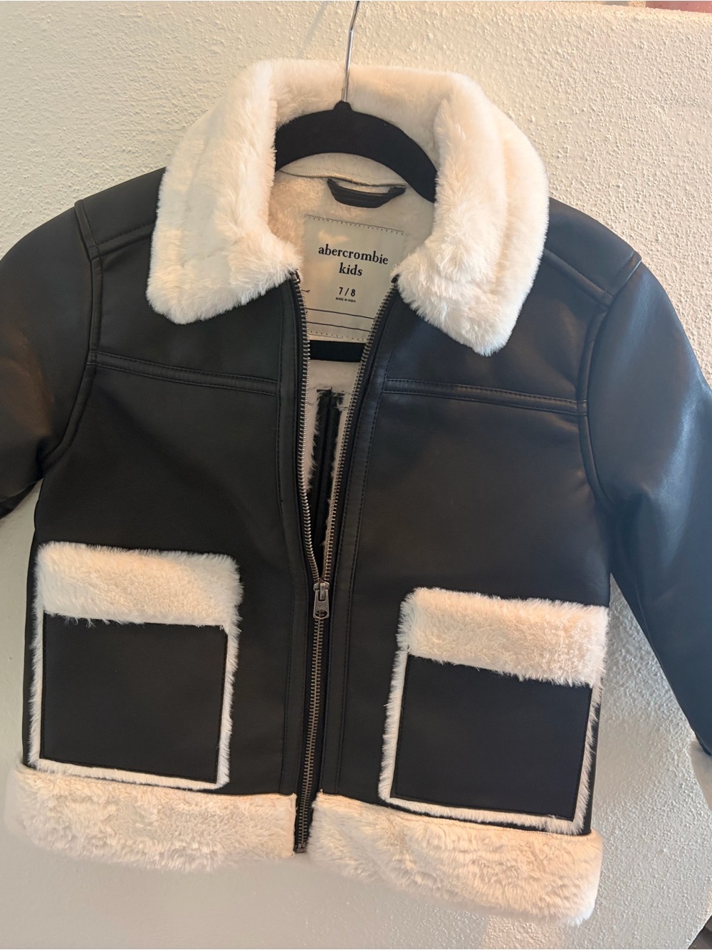abercrombie kids Black Faux-Leather Puffer Jacket with Cream Sherpa Trim